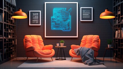 A cozy reading corner with 3D wall frame mockups featuring neon outlines, creating a unique and inviting atmosphere, captured with HD clarity