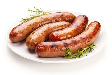 Four grilled sausages on a white plate, garnished with rosemary sprigs.