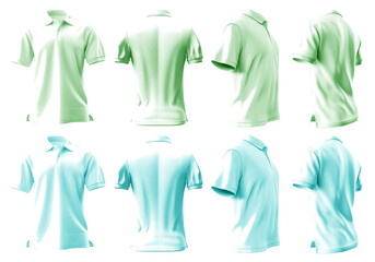 2 Set of pastel light green turquoise blue front, back and side view collar polo tee shirt on transparent background cutout, PNG file. Mockup template for artwork graphic design. 3D rendering	
