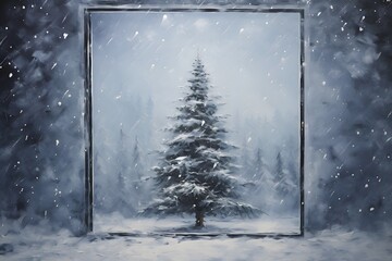 A scene with a Christmas tree in a frame with snow behind the walls. Acrylic painting