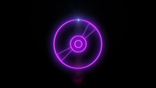 neon glowing cd disc spinning in black background. Big music icon for sound project visualization. Rotation animation
