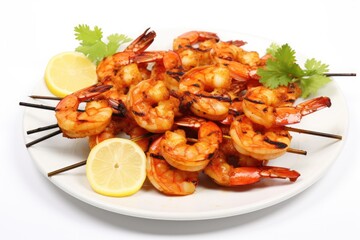 Grilled shrimp skewers garnished with lemon wedges and parsley on a white plate.