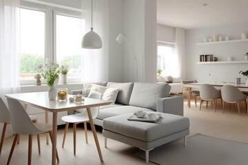 Minimalist living room with sofa and dinner table. Scandinavian interior design. Generative AI
