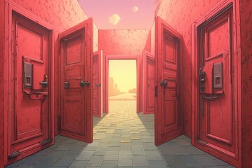 Illustration of a extended series of open doors. Generative AI