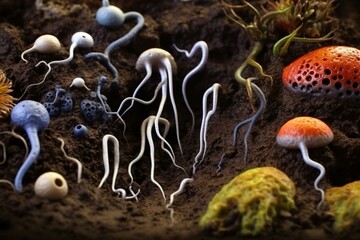 Microscopic view of nematodes, fungi and other microorganisms in soil. Generative AI
