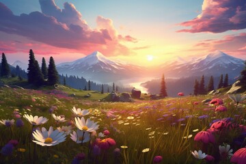 meadow with flowers at sunrise. Generative AI