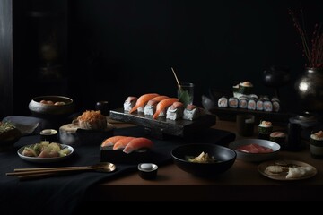 A sushi feast on a dark table with a sushi-covered black tablecloth. Generative AI