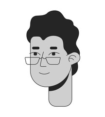 Smiling indian man wearing eyeglasses black and white 2D line cartoon character head. Wavy short hair guy eyewear isolated vector outline person face. Gentle monochromatic flat spot illustration
