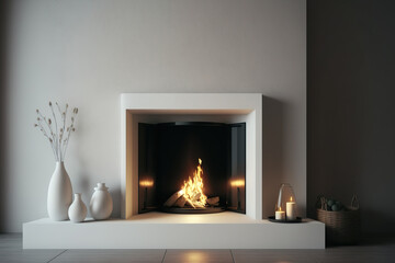 a large, burning fireplace. empty mantle shelf mockup. Generative AI