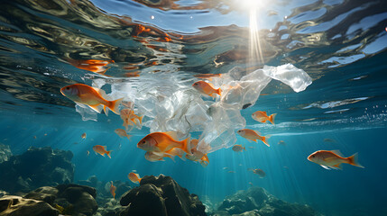 Fish swim through plastic bag waste underwater.