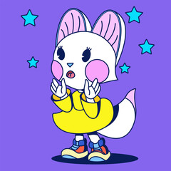 Cute little fox in a skirt is happily surprised. Isolated icon concept of fun, animals, winter, feelings. flat cartoon style