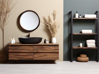 A bathroom with a sink, mirror and shelves