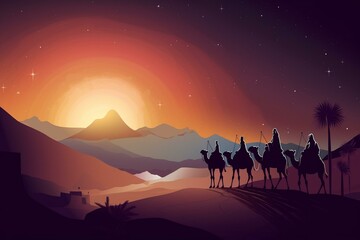 Fototapeta na wymiar Three wise men journey to Bethlehem with Mary, Joseph, and baby Jesus in a digital art illustration. Generative AI