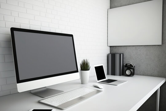 Modern office background with blank laptop and posters. Generative AI