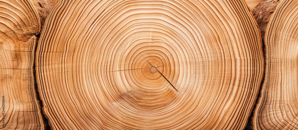 Poster coniferous forest log displaying tree ring pattern after harvest with copyspace for text