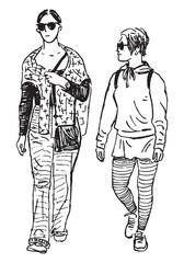 Outline drawing of two casual fashionable young city women walking along street