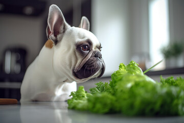 French Bulldog dog in front of kitchen counter with raw lettuce salad. 
