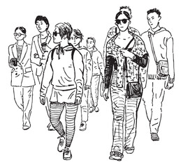 Sketch of crowd casual urban pedestrians walking along street