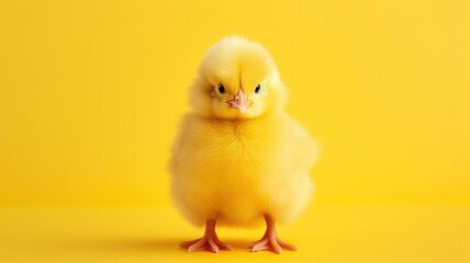 Single Small Chicken on Yellow Background