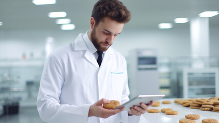 A food male inspector in a sterile white uniform is holding the tablet and looking at collected cookies.
 - obrazy, fototapety, plakaty
