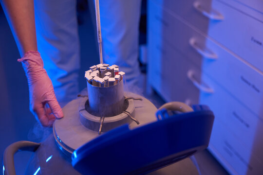 Lab scientist immersing samples into liquid nitrogen dewar for storage - Powered by Adobe