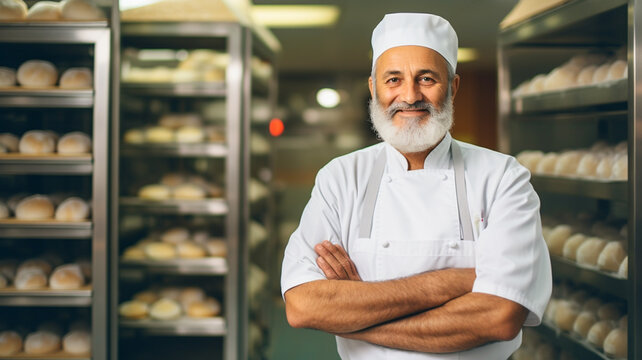 Portrait of smiling professional senior baker man in uniform stands near the oven before the start of work bakery production of pastries.