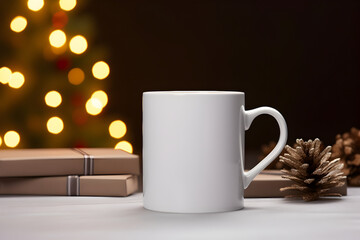 Blank white mug mockup on wooden table with christmas tree lights bokeh background. Holiday template composition with decoration. Copy space.