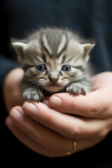 man is holding an fluffy kitten in his hands. pet, cat under protection. care and education, obedience training, raising