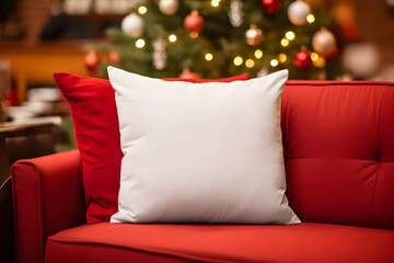 Blank white pillow mockup on red sofa with christmas tree and lights bokeh background. Holiday template composition with decoration. Copy space.