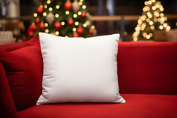 Blank white pillow mockup on red sofa with christmas tree and lights bokeh background. Holiday template composition with decoration. Copy space.
