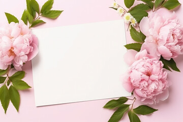mockup. peonies and white sheet of paper on a pink background. with copy space for your text top view and flat lay style