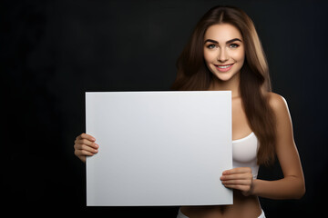 Naklejka premium Young brunette woman holding a blank placard or empty paper sign banner in her hands, on dark background. Design poster template, print presentation mock-up.