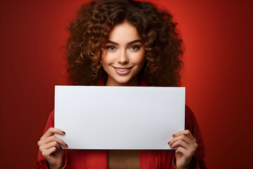 Young brunette woman holding a blank placard or empty paper sign banner in her hands, closeup on red background. Design poster template, print presentation mock-up.