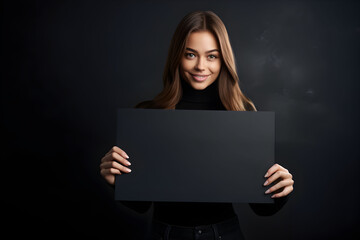 Naklejka premium Young brunette woman holding a black blank placard or empty paper sign banner in her hands, on dark background. Design poster template, print presentation mock-up.
