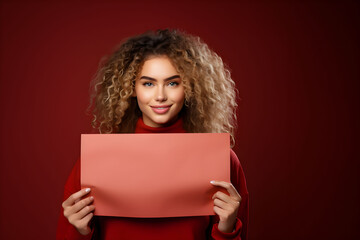 Young blonde woman holding a red blank placard or empty paper sign banner in her hands, on red background. Design poster template, print presentation mock-up.