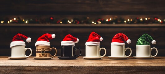 Christmas Saint Nicholas Day holiday celebration greeting card - Many cups with Santa Claus hat on wooden table and bokeh lights in the background - obrazy, fototapety, plakaty