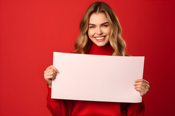 Young blonde woman holding a blank placard or empty paper sign banner in her hands, on red background. Design poster template, print presentation mock-up.