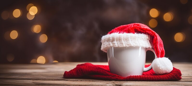 Christmas Saint Nicholas Day holiday celebration greeting card - Closeup of cup with Santa Claus hat on wooden table and bokeh lights in the background