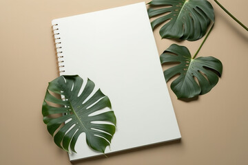 Monstera leaf in green and a blank notebook page against a beige background. Nordic notion for a minimalist workspace. the space bar. Generative AI