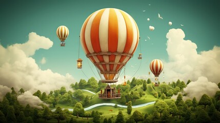 Fototapeta premium a painting of a hot air balloon flying over a forest. generative ai