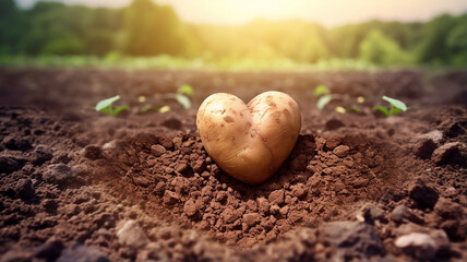 heart shaped potato in the field - obrazy, fototapety, plakaty