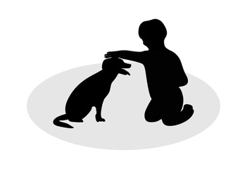 Adorable baby petting cute dog. Baby and dog silhouettes. Black vector illustrations.