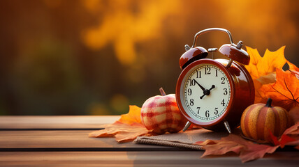 alarm clock with maple leaves on wooden table. autumn background