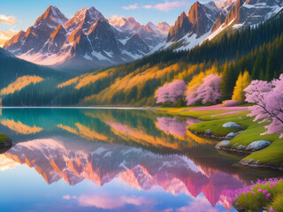A beautiful view of mountains, trees, nature, lakes, etc