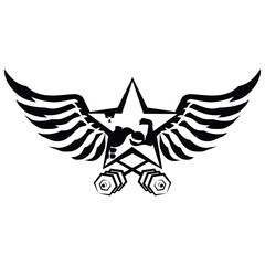 Muscular athlete, star, dumbbell and wings. Design for gym and sports
