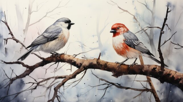 A painting of two birds sitting on a tree branch.