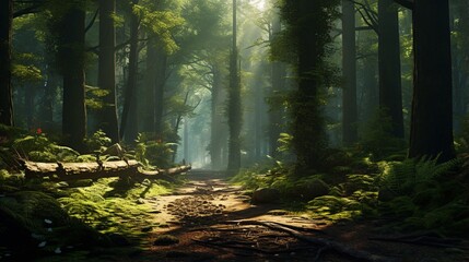 An immersive forest-themed wallpaper that transports you deep into the woods, surrounded by towering trees and dappled sunlight filtering through the leaves