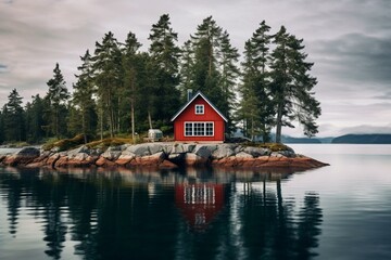 Simple red cabin on isolated island with water surroundings. Generative AI