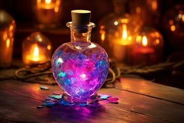 Quirky love potion bottle on wooden table with colorful lights. Generative AI