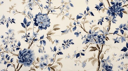  a blue and white floral wallpaper with blue flowers on it.  generative ai